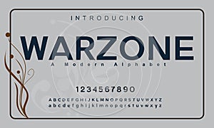 Warzone font. Elegant alphabet letters font and number.