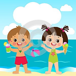 It Was Real Fun. Cute Little Boy And Girl Playing With Sand On Summer Beach.