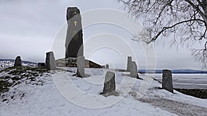 Wasa stone or Vasastenen next to Rattvik church in lake Siljan in Dalarna in Sweden photo