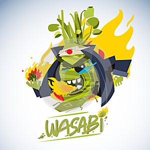 wasabi mascot in japanese costume with fire. hot and spicy character deign - vector