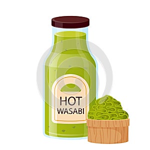 Wasabi sauce with bowl cup. Spicy asian condiment, hot wasabi in glass bottle for sushi, cartoon style. Japanese fast