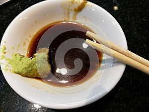 Wasabi and shoyu sauce, Japans traditional food.