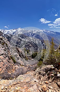 Wasatch Front Mount Olympus Peak hiking trail inspiring views in spring via Bonneville Shoreline, Rocky Mountains, Salt Lake City,