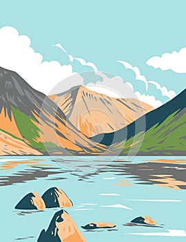 Wasdale Head and Wast Water in Lake District National Park in Cumbria England UK Art Deco WPA Poster Art photo