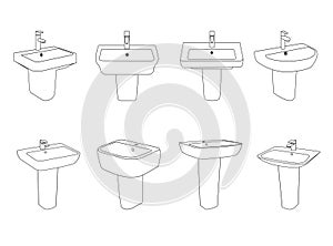 Wash basin set with and without faucet, vector line on white background