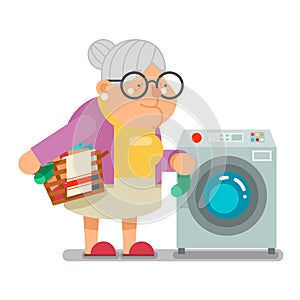 Wash dirty laundry in washing machine Household Granny Old Lady Character Cartoon Flat Design Vector illustration