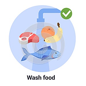 Wash food before eat, hygiene rule. Virus prevention and protection.