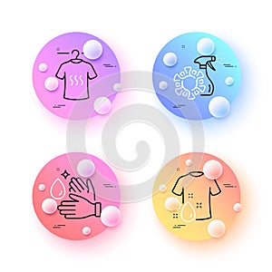 Wash hands, Coronavirus spray and Dry t-shirt minimal line icons. For web application, printing. Vector
