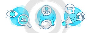 Wash hands, Like hand and Employee hand icons set. Online education sign. Skin care, Thumbs up, Work gear. Vector