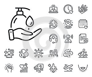 Wash hands line icon. Covid hygiene sign. Online doctor, patient and medicine. Vector