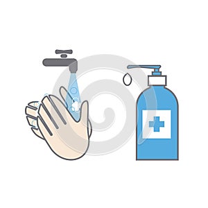 Wash hands and use hygenic gel. Antiseptic product prevention against virus. Hygiene vector icons. photo