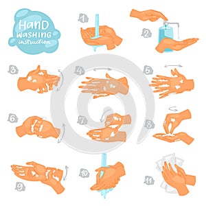 Wash hands vector instructions of washing or cleaning hands with soap and foam in water illustration antibacterial set