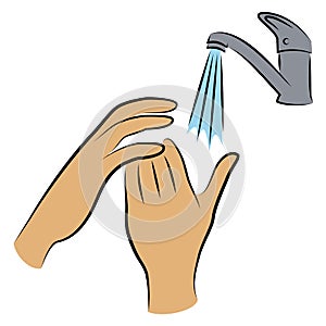 Wash hands with water under the tap. Hygienic procedure. disease prevention, good for health. Vector illustration