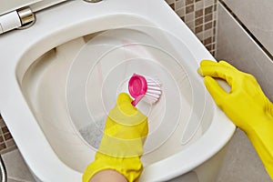 Wash the toilet and clean with a small pink brush. Daily routine.