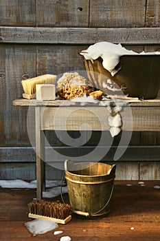 Wash tub with soap and scrub brushes