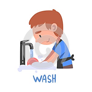 Wash Word, the Verb Expressing the Action, Children Education Concept, Cute Boy Washing the Dish Cartoon Style Vector