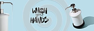 Wash your hands banner. Dispenser for liquid soap on a blue background