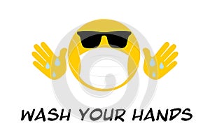 Wash your hands Cool emoji with sunglasses, face mask cool to prevent the spread of virus, coronavirus covid19 youth concept