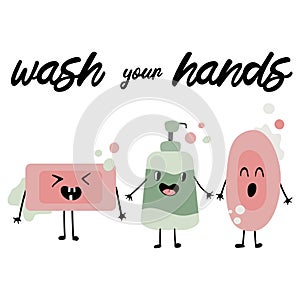 Wash your hands. Cute happy soap with foam bubble. Vector flat cartoon character illustration icon design. Isolated on white