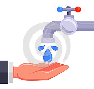 Wash your hands in front of an open tap with water on a white background.