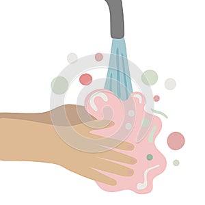 Wash your hands. hands holding soap in hand under water tap. Arm in foam soap bubbles. Vector illustration flat cartoon design