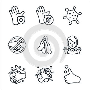 wash your hands line icons. linear set. quality vector line set such as thumb up, hand washing, hand washing, adviser, wipe, do