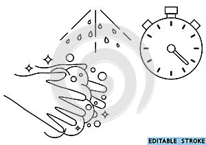 Wash your hands during 30 seconds with soap under running water.. Wash your hands, icon. Hand washing procedure thin line icon.