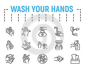 Wash your hands thin line icon set, health symbols collection, vector sketches, logo illustrations, hygiene icons, stop