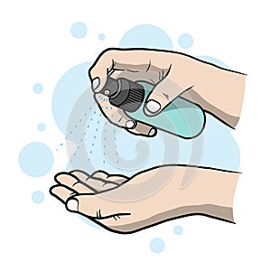 Wash your hands using Hand Sanitizer, a hand drawn vector illustration of how to protect hands from bacteria and corona virus