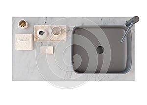 Washbasin mit faucet and cabinet isolated on white background. Top view. Cut out bathroom furniture. Modern sink. Modern