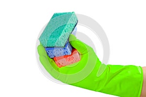 Washcloths and hand holding a protective rubber glove isolated on white. The concept of cleanliness