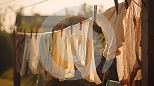Washed clothes on clothesline drying on rope outside. Generative AI