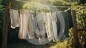 Washed clothes on clothesline drying on rope outside. Generative AI