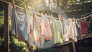 Washed clothes on clothesline drying on rope outside. Generative AI