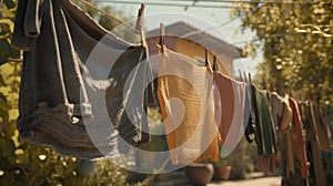 Washed clothes on clothesline drying on rope outside. Generative AI