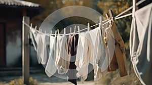 Washed clothes on clothesline drying on rope outside. Generative AI