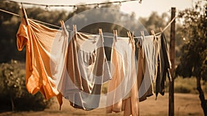 Washed clothes on clothesline drying on rope outside. Generative AI