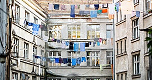 Washed clothes drying. Fresh clean clothes are drying outside. Clothes hanging to dry on a clothes-line. Laundry dryings