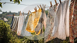 washed clothes hanging on a clothesline in the street on a sunny day. Washday