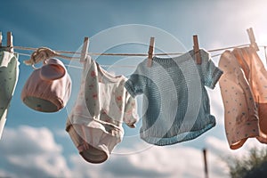 washed clothes hanging on a clothesline in the street on a sunny day. Washday photo