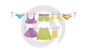 Washed Clothing or Laundry Hanging on Clothes Line and Drying Vector Set