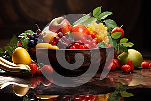 washed Fruits in a big wooden bowl