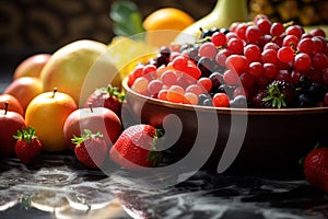 washed Fruits in a big wooden bowl