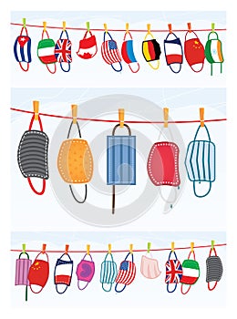 Washed Protective Face Masks Hanging on a Line. Drying Laundered Reusable Masks with Flags.