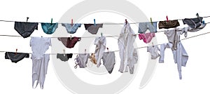 Washed underwear is dried on a rope isolated on white