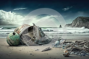 washed-up flotsam and jetsam on a windswept beach, with crashing waves in the background