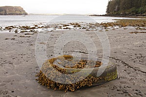 A washed up tyre covered in seaweed pollutes a scottish beach on the Isle of Skye.