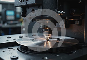 Washer blanking press cutting metal discs in a manufacturing setting