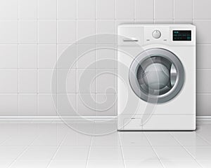 Washer. Realistic 3D household appliances for launder, cleaning clothes with detergent and water. Electric machine for