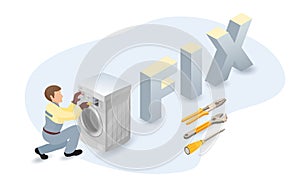 Washer, worker, isometric word Fix. Home appliance repairs concept. Vector.